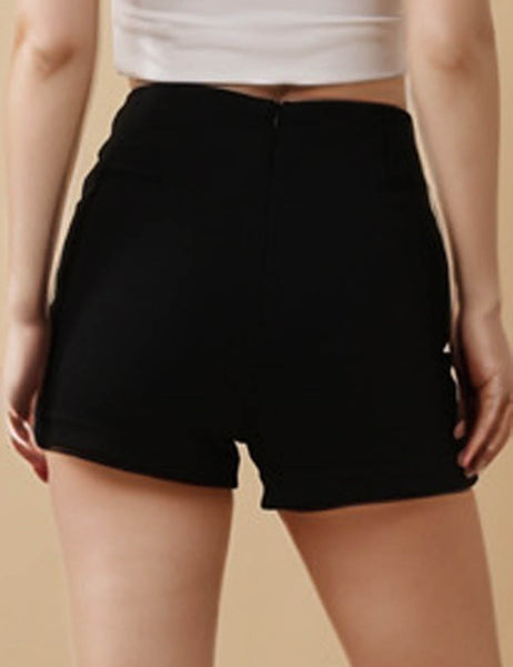 fitted black stretch high-waist shorts with back zip closure, shown on model from back