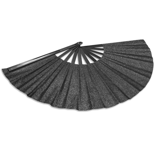 oversized black glittery hand fan with black plastic ribs shown open from side