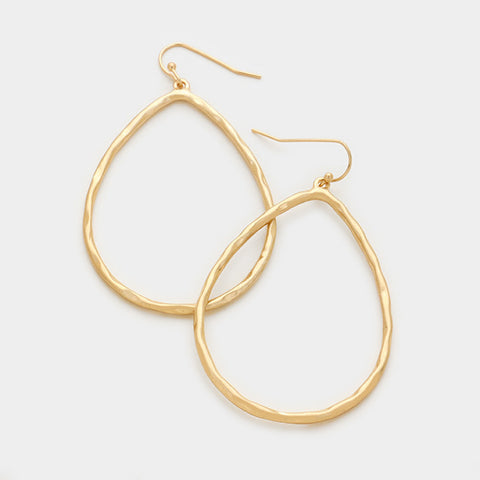 gold hammered metal teardrop shaped hoop dangle earrings