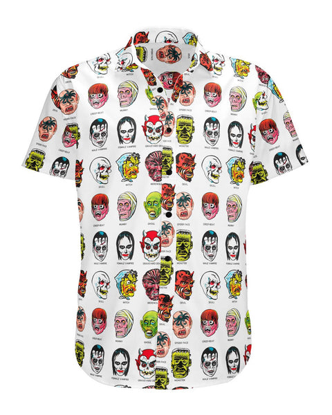 cotton short sleeve button up shirt with all over colorful print of cartoon monster masks