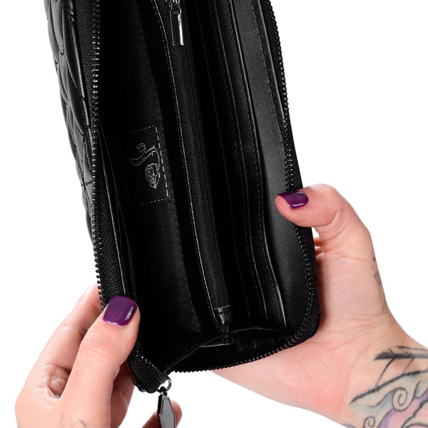 black faux leather with spiderweb-stitched front wallet and three sided zipper. Shown open to display interior pockets