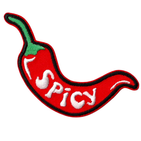 red embroidered patch with black border of a red and green chili pepper with stem and "spicy" written in white across the pepper