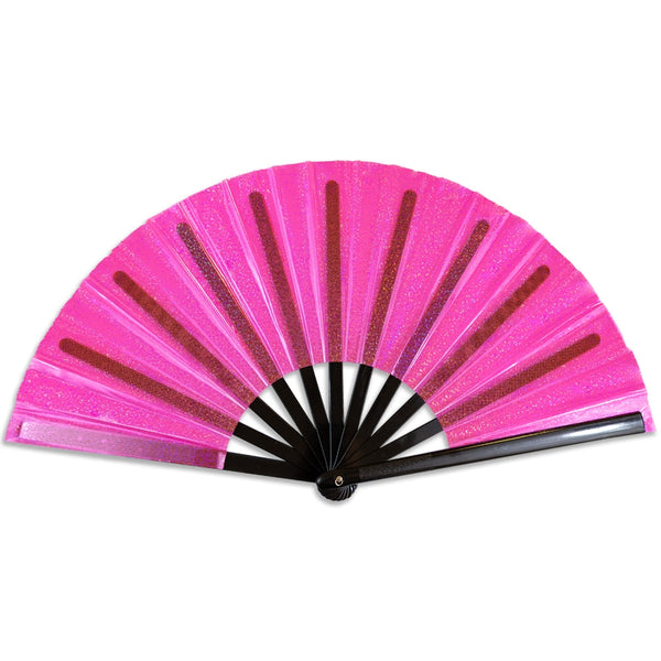 oversized transparent hot pink glitter vinyl hand fan with black plastic ribs shown open