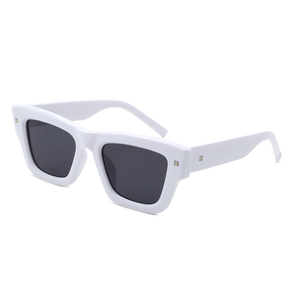 thick framed white wayfarer style sunglasses with silver square stud detail at each temple and arm with black smoke lenses. Shown from side