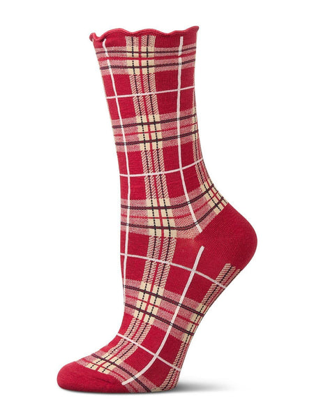 Red, beige, and black plaid socks with lettuce hem on a white background shown on mannequin foot