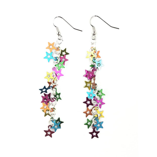 dangle earrings made of multicolor metal star charms on a silver chain 
