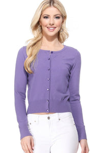 Cropped light purple crew neck cardigan with long sleeves and purple pearlized plastic buttons. Shown from the front