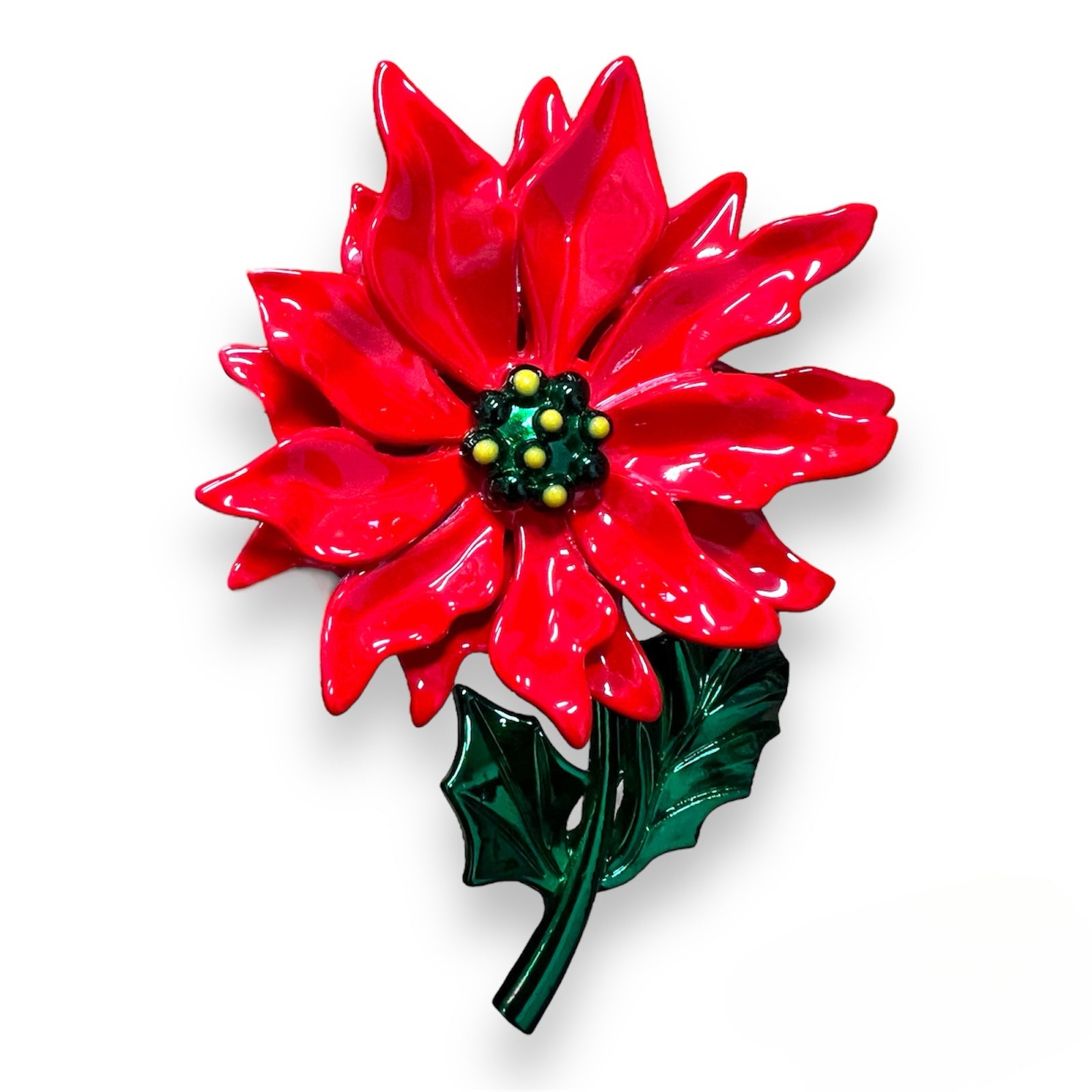 Bright red and metallic green enameled poinsettia brooch