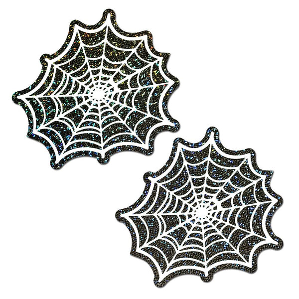 textured black glittery background pasties with white spiderweb design