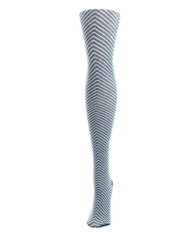 Mannequin leg wearing grey monochrome chevron patterned sweater knit tights 