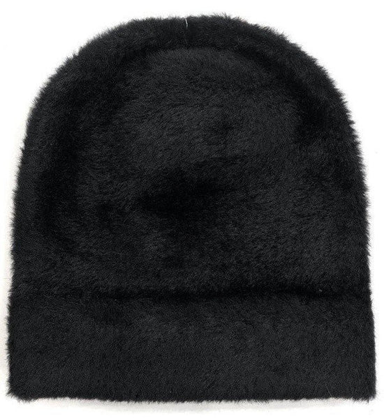 A black fuzzy faux-fur beanie style hat shown flat against a plain white background.