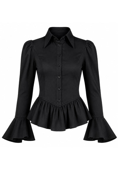 black chiffon long sleeve blouse with button-down front, pointed collar, exaggerated puffed shoulders, ruffled cuffs, and peplum style ruffled gathered bottom hem. Shown on white background