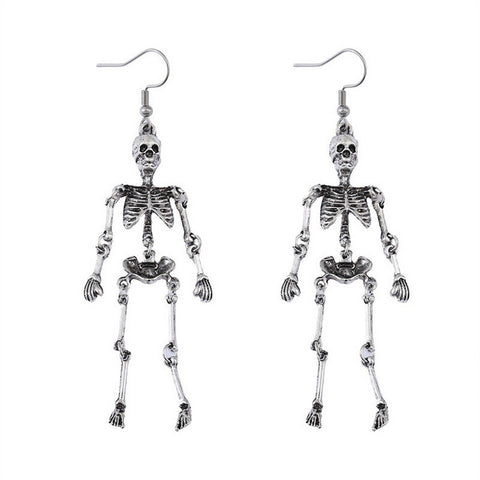 Silver metal skeleton dangle earrings with joints connected with o rings for movement