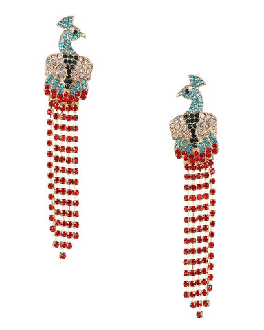Colorful peacock-shaped gold metal drop earrings with clear, black, red, and blue rhinestone embellishments on a white background