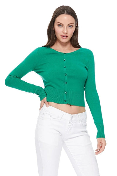 Model wearing a kelly green long-sleeve crew neck cardigan