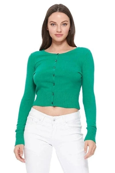 Model wearing a kelly green long-sleeve crew neck cardigan