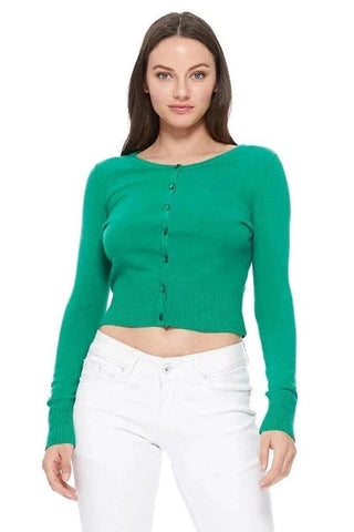 Model wearing a kelly green long-sleeve crew neck cardigan