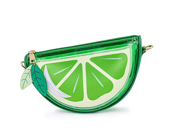 green vinyl purse shaped like slice of lime with zip closure top, zipper pulls shaped like green leaves, and removable matching strap. Shown from front