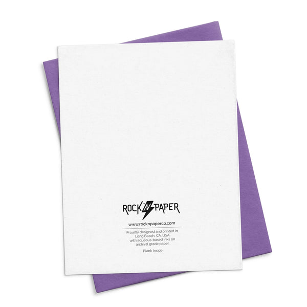 back of note card shown with matching purple envelope 