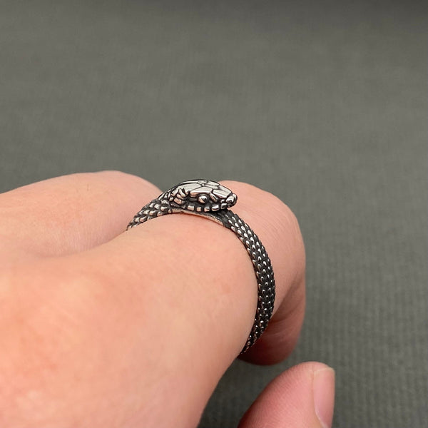 antiqued finish stainless steel ring in the shape of an Ouroboros snake eating its own tail. Shown worn from the back