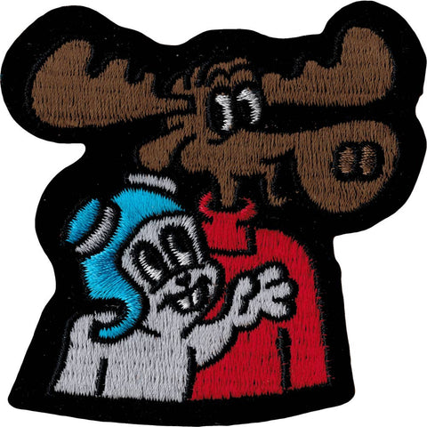 black felt embroidered patch of Rocky and Bullwinkle in blue, red, brown, and grey