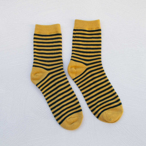 cotton knit socks with black and mustard thin horizontal stripe knit-in pattern