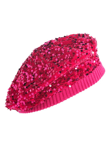 magenta knit sequined beret with a ribbed cuff. Shown from the side