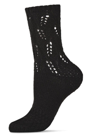 sweater knit crew socks in black with pointelle design. Shown from the side