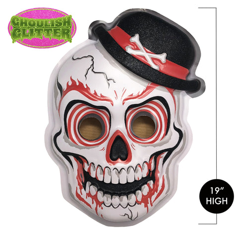 Ghoulsville glitter-y red, black, and white "Voodoo Skull" vacu-form plastic skull wearing bowler hat wall decor 