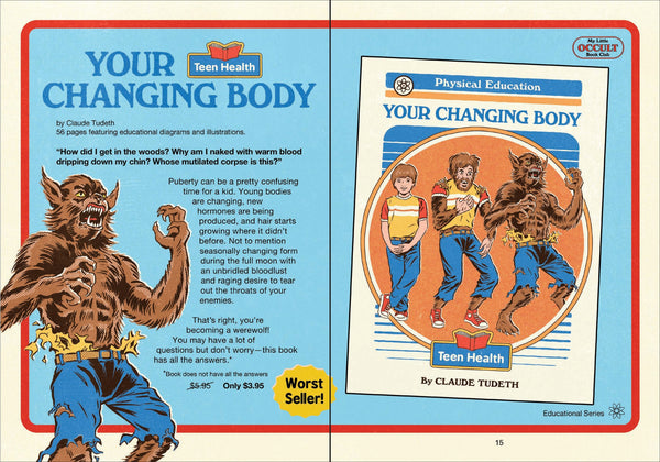 Booklet open to pages about 'Your Changing Body' with cartoon illustrations of a boy and werewolf.