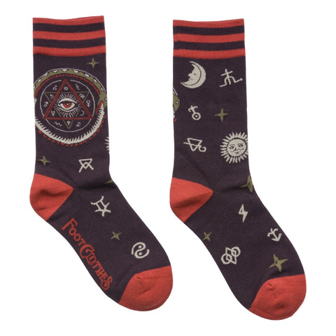 Unisex crew socks with alchemy symbols and Eye of Providence on each outer calf. Shown flat