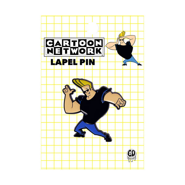 soft enameled metal pin of Johhny Bravo posing with fingers pointed shown on backing card