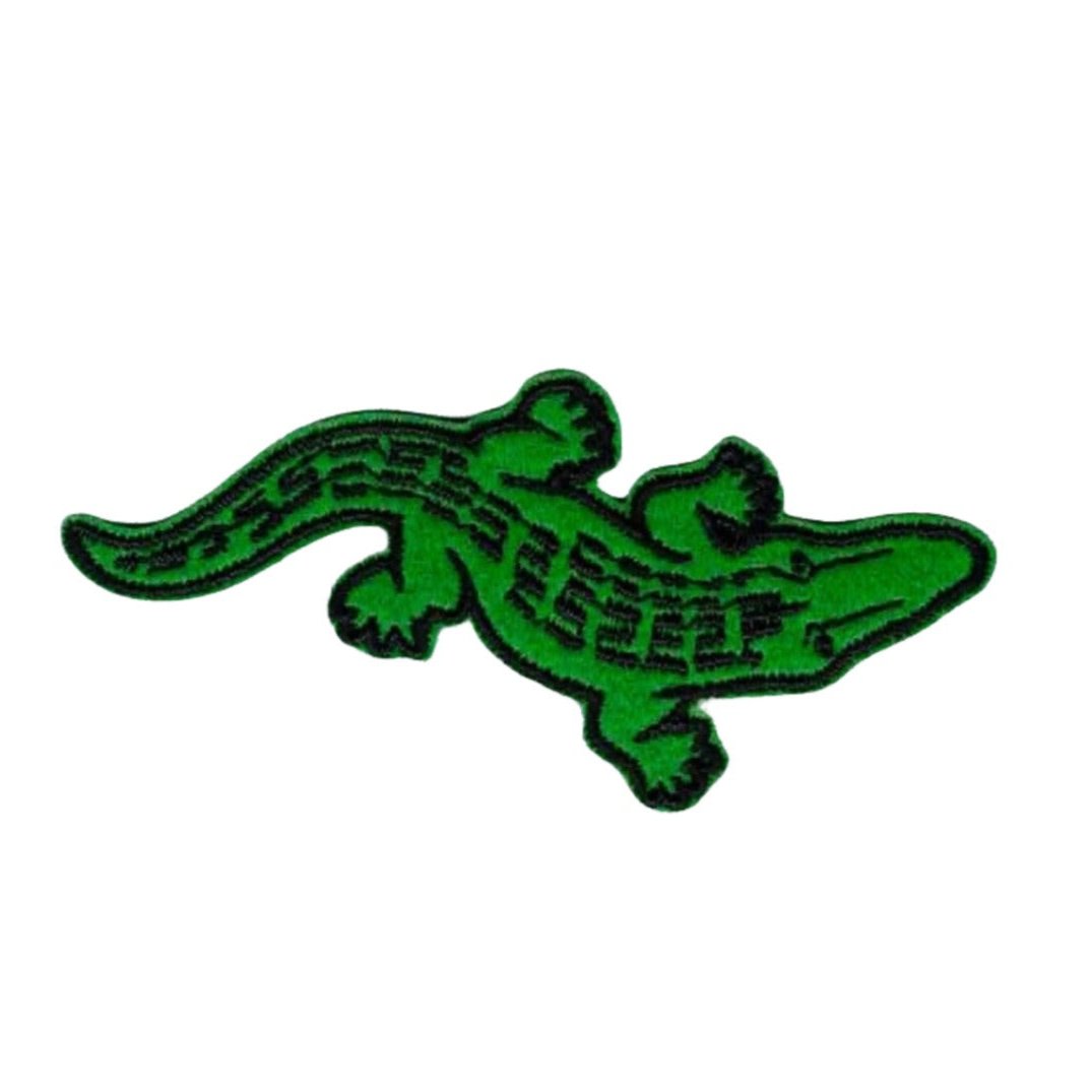 green embroidered felt patch of an alligator