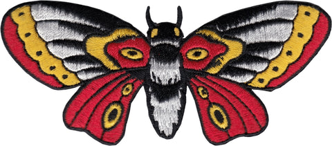 Red, yellow, black, and white embroidered patch of a Butterfly Moth