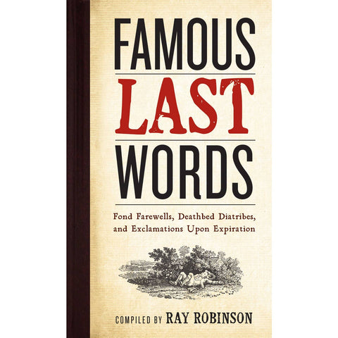 Book cover of 'Famous Last Words' with text and a small illustration on a beige background