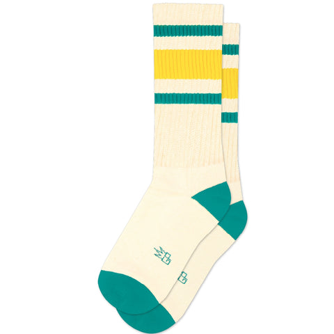 unisex warm cream white crew socks with green toes and heels & green and yellow stripe cuffs