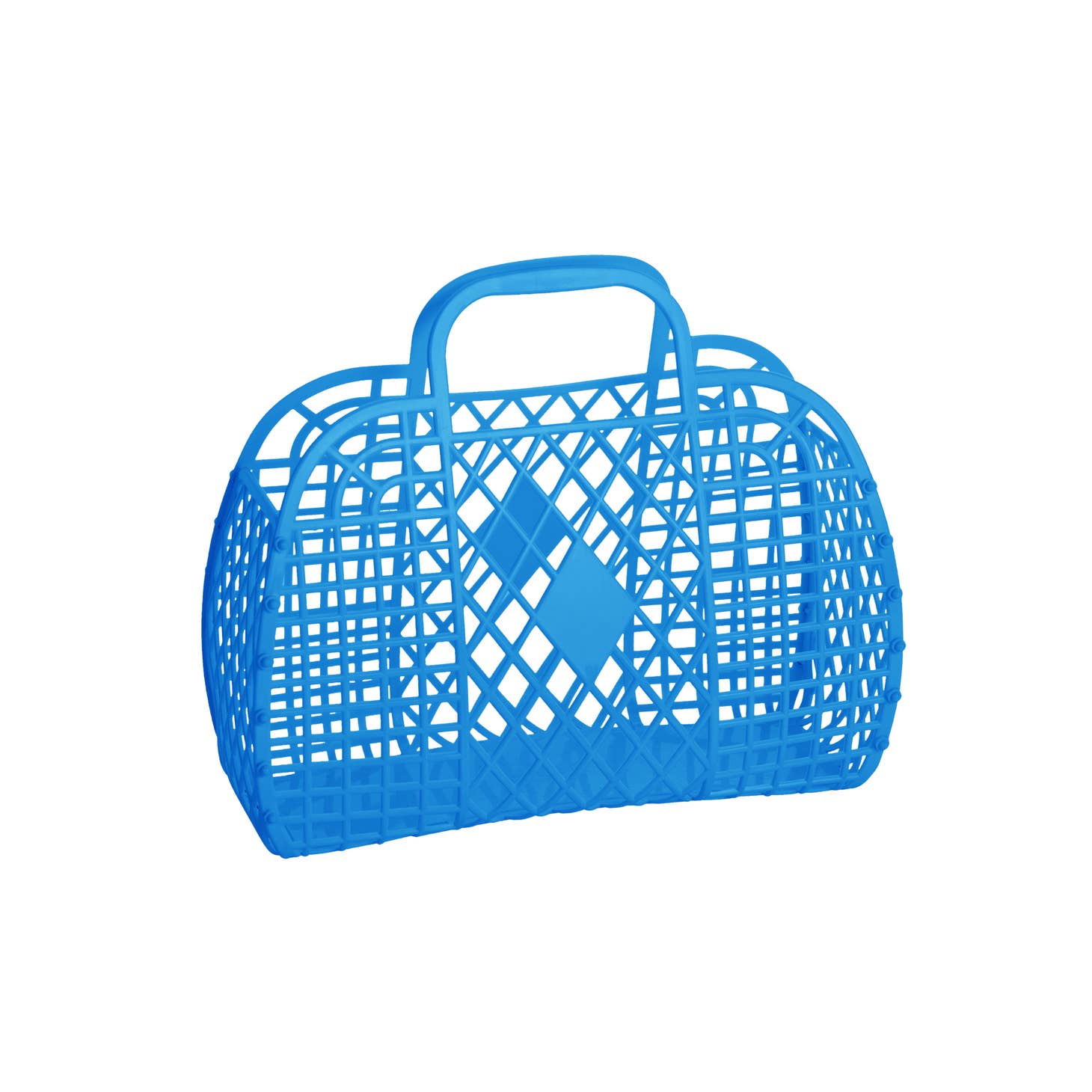 A small royal blue rectangular handbag made of plastic with a retro diamond and lattice pattern