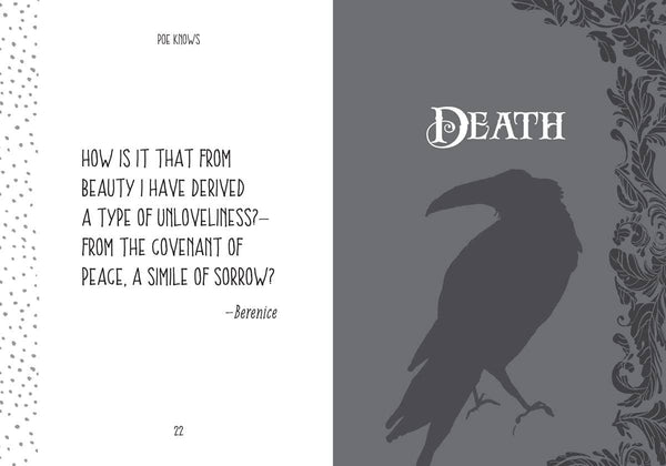 book except showing a quote by Berenice on the left page and a dark gray right page with the word 'DEATH' above a raven silhouette and ornate border.