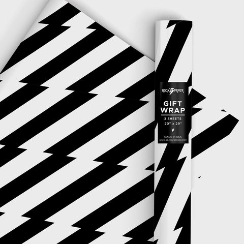 Roll of lack and white lightning bolt stripe pattern heavyweight matte finish wrapping paper 