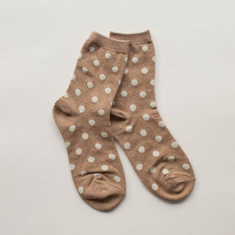 cotton knit socks in a heathered light brown with an allover beige polka dot knit-in pattern