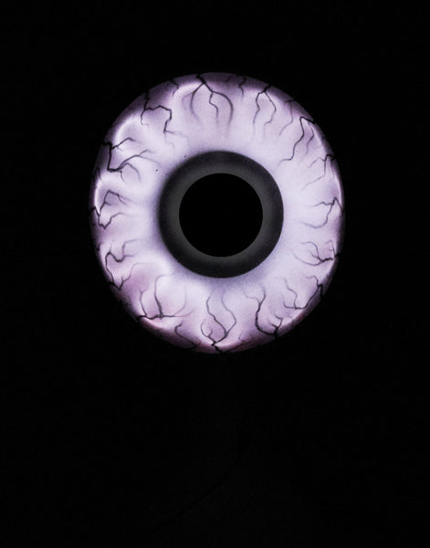oversized bloodshot eyeball plastic mask with attached black fabric reaper-style hood. Shown from front with light up feature glowing