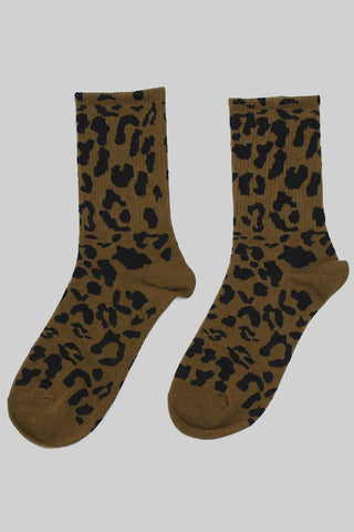 brown ribbed crew socks with black leopard print pattern