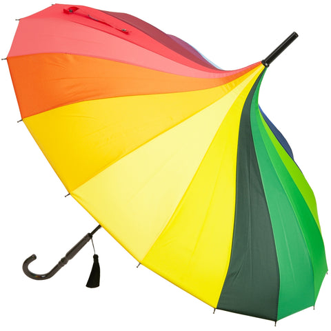 Pagoda style umbrella with a rainbow striped pattern. Handle is black with a matching fabric tassel attached. Shown open from the side