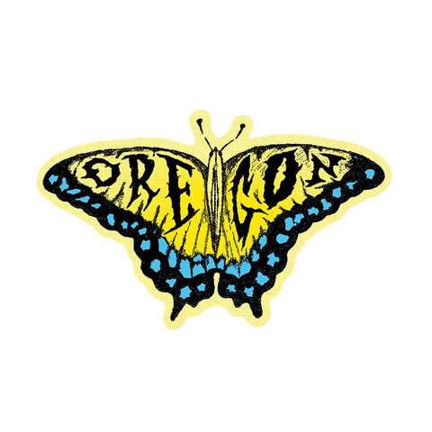 yellow and blue Swallowtail butterfly-shaped die cut vinyl sticker with 'OREGON' text inside wings on a white background
