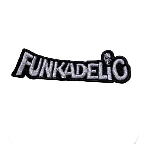 Funkadelic black background silver typography logo with skull dotting letter I patch