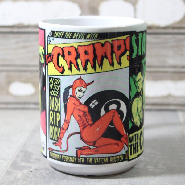 White ceramic mug with neon illustration of Cramps show posters- pictured is “Sniff the Devil with The Cramps at the Vatican Houston”