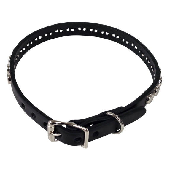 Black leather choker with silver nailhead studs and silver buckle on a white background. Shown from back to display buckle