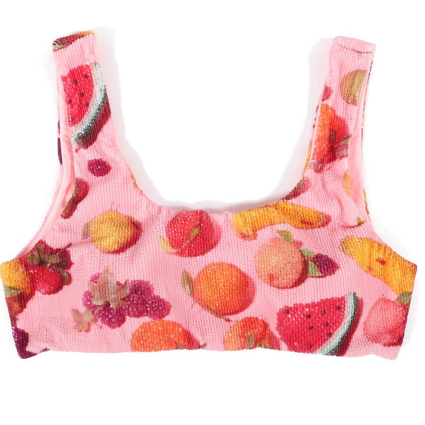 ribbed texture spandex bralette style bikini top in light pink background photorealistic beaded faux fruit pattern. Shown from front