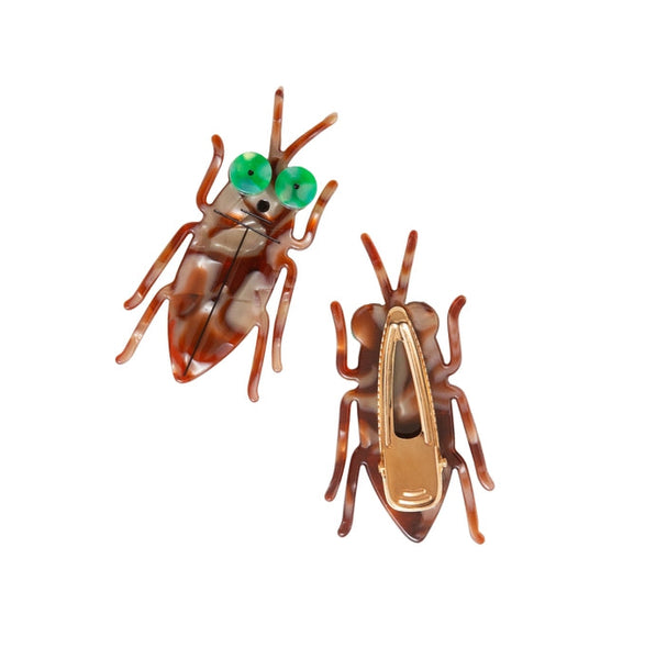 Acrylic brown swirled cockroach-shaped hair clip with large swirled green eyes. Shown from front and back with gold alligator styled hair clip on back