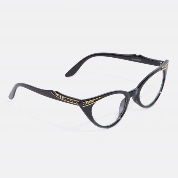 black cat eye glasses with clear lenses and gold & rhinestone embellishments at the temples and arms. Shown from the side